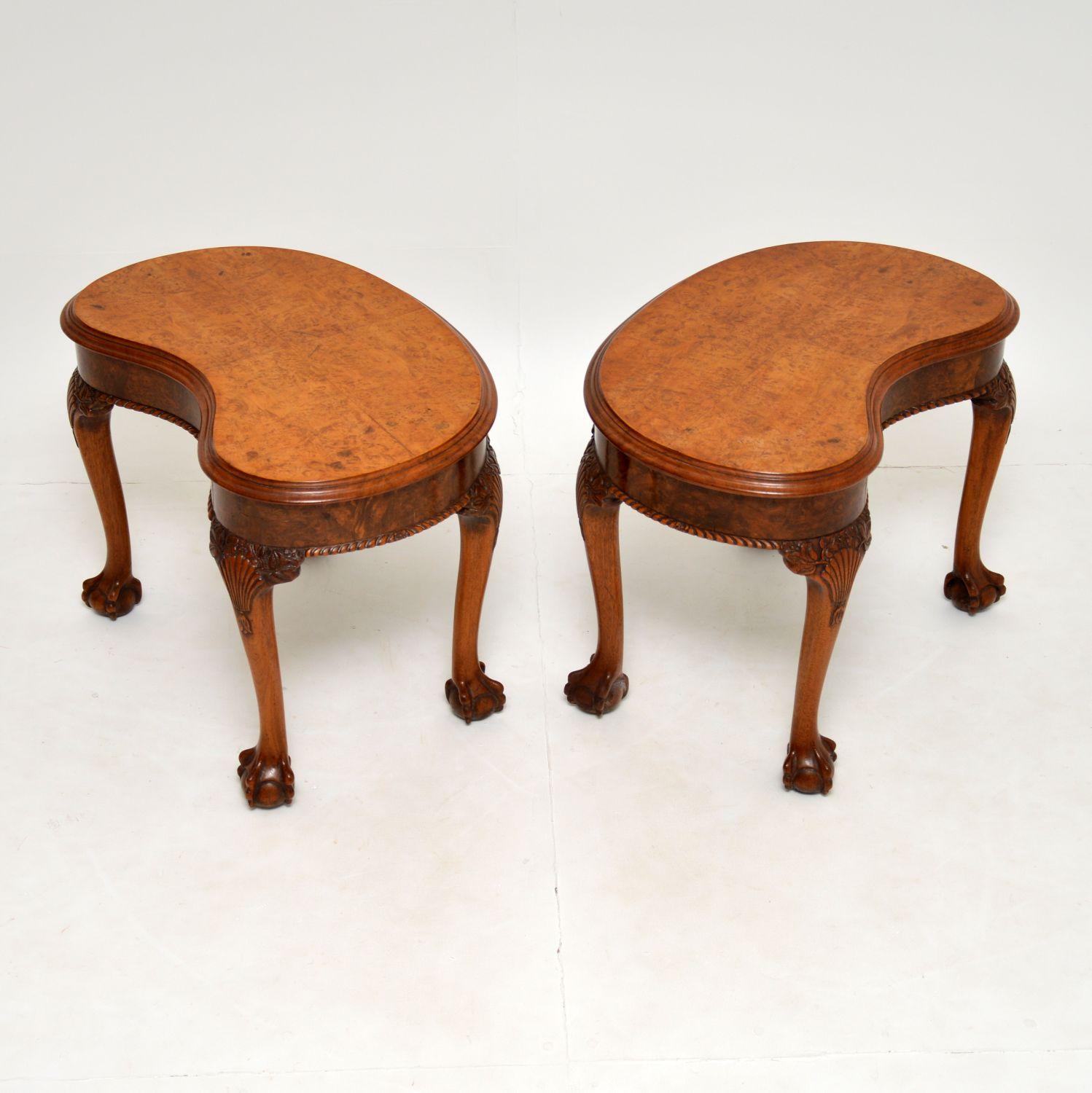 English Pair of Antique Burr Walnut Kidney Side Tables