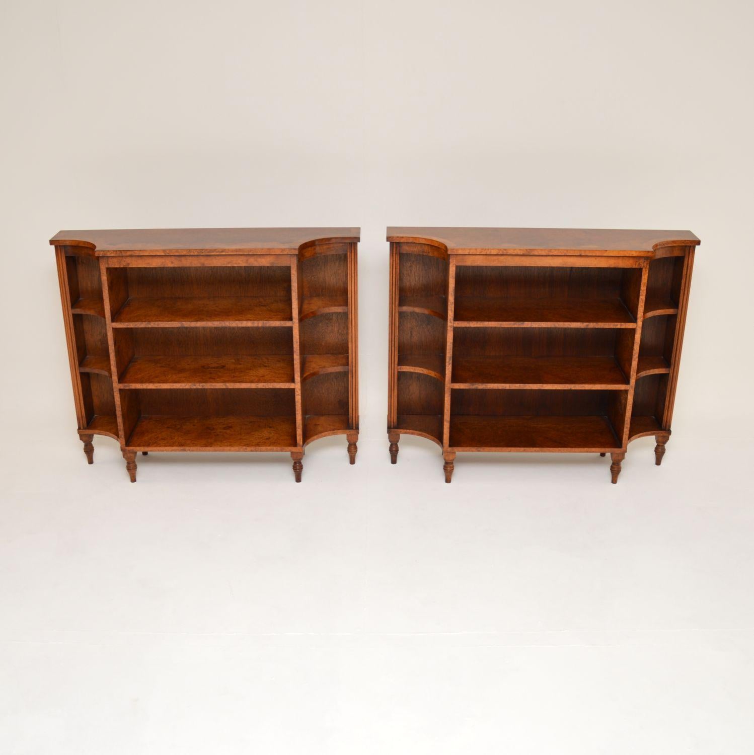 A stunning pair of antique burr walnut open bookcases. They were made in England, they date from around the 1920-30’s.

The quality is outstanding and they are a very useful size. Each has beautiful burr walnut grain patterns, inside and out, with a