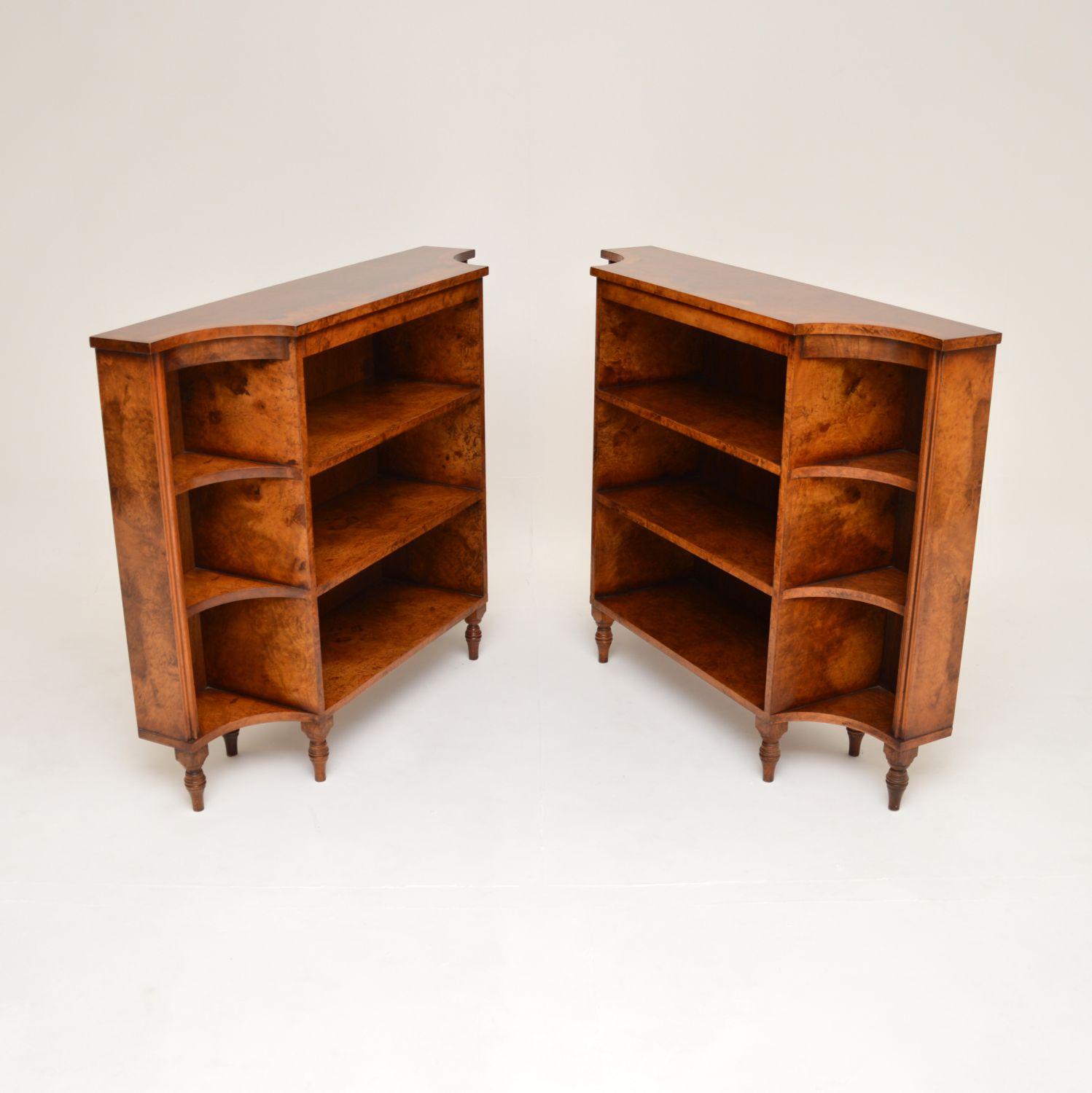 Sheraton Pair of Antique Burr Walnut Open Bookcases