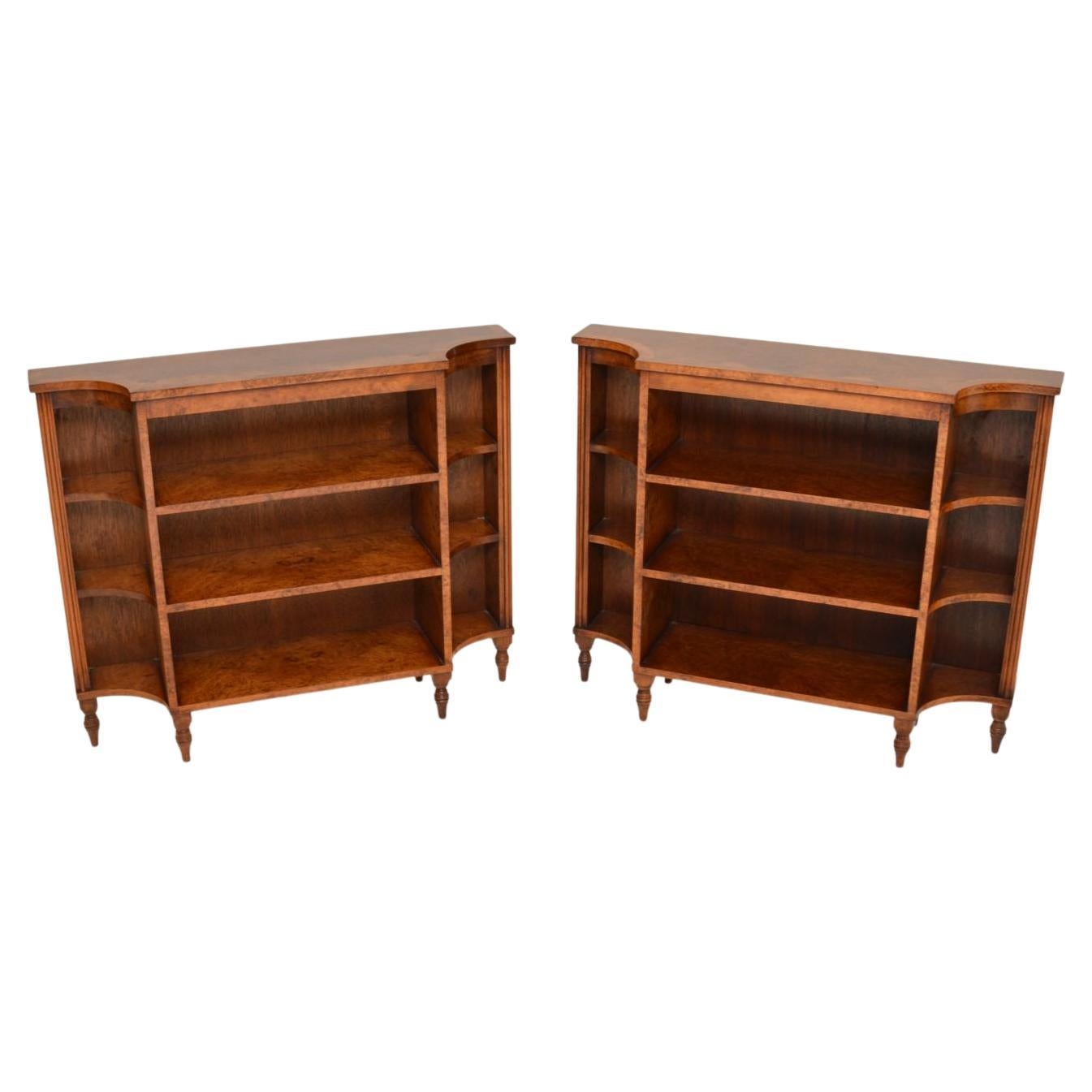 Pair of Antique Burr Walnut Open Bookcases