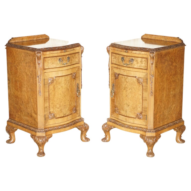 Pair of Antique Burr Walnut Satinwood Bedside Tables Butlers Slip