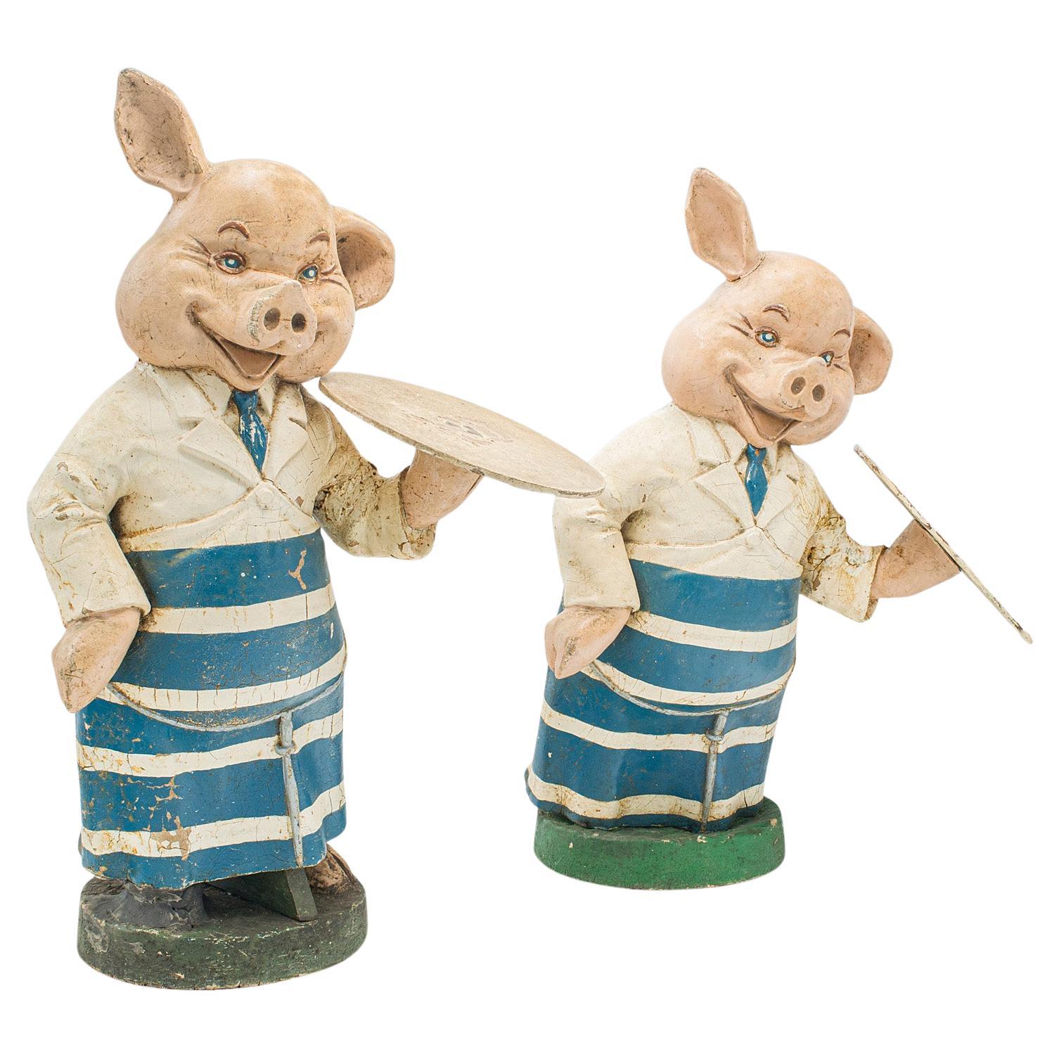 Ein Paar antike butcherische Schweine, englisch, Gips, Schaufensterfigur, edwardianisch