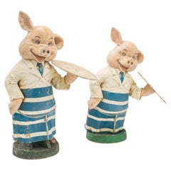 Pair Of Used Butchery Pigs, English, Plaster, Shop Display Figure, Edwardian