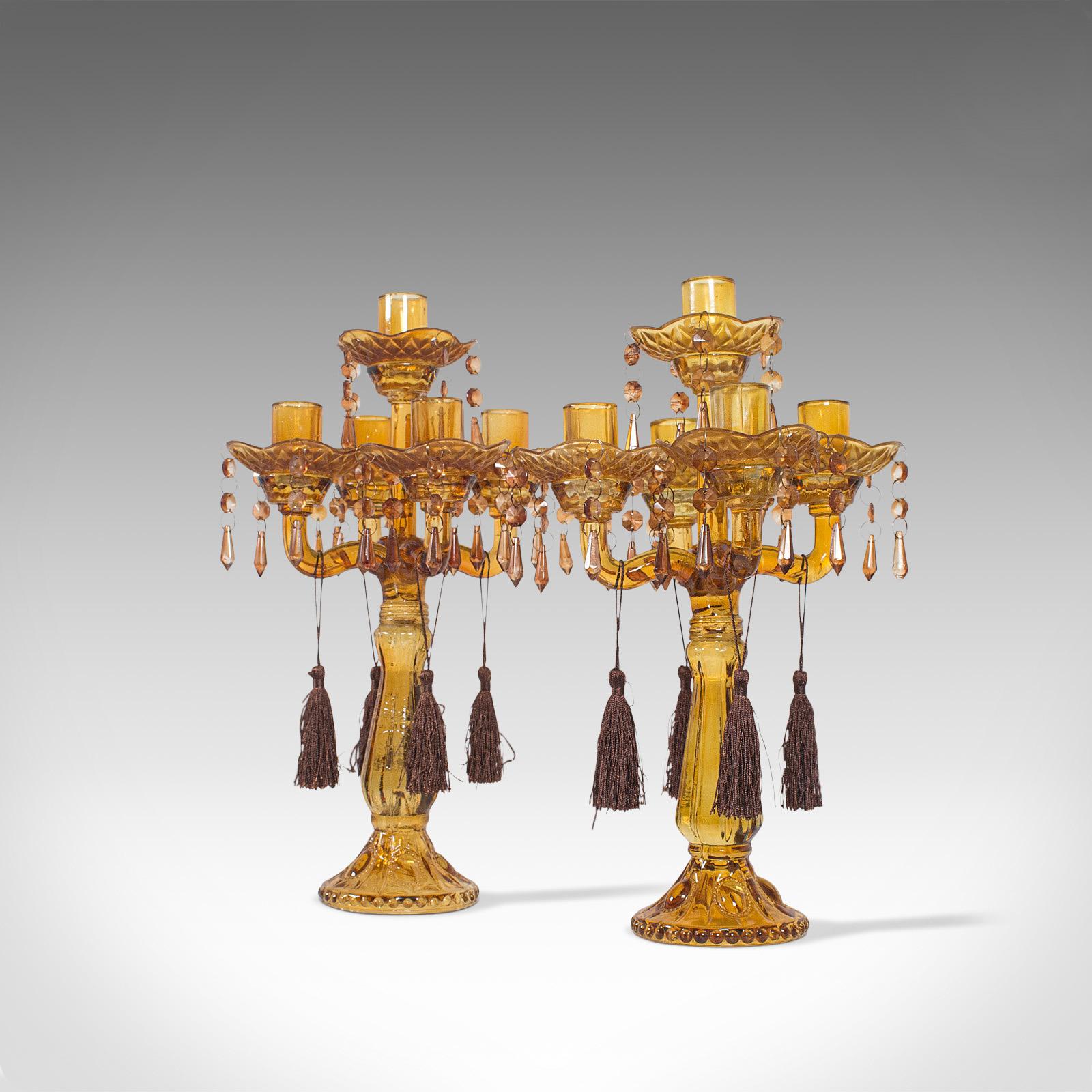 British Pair of, Antique Candelabra, English, Glass, Candle Stand, Victorian, circa 1890