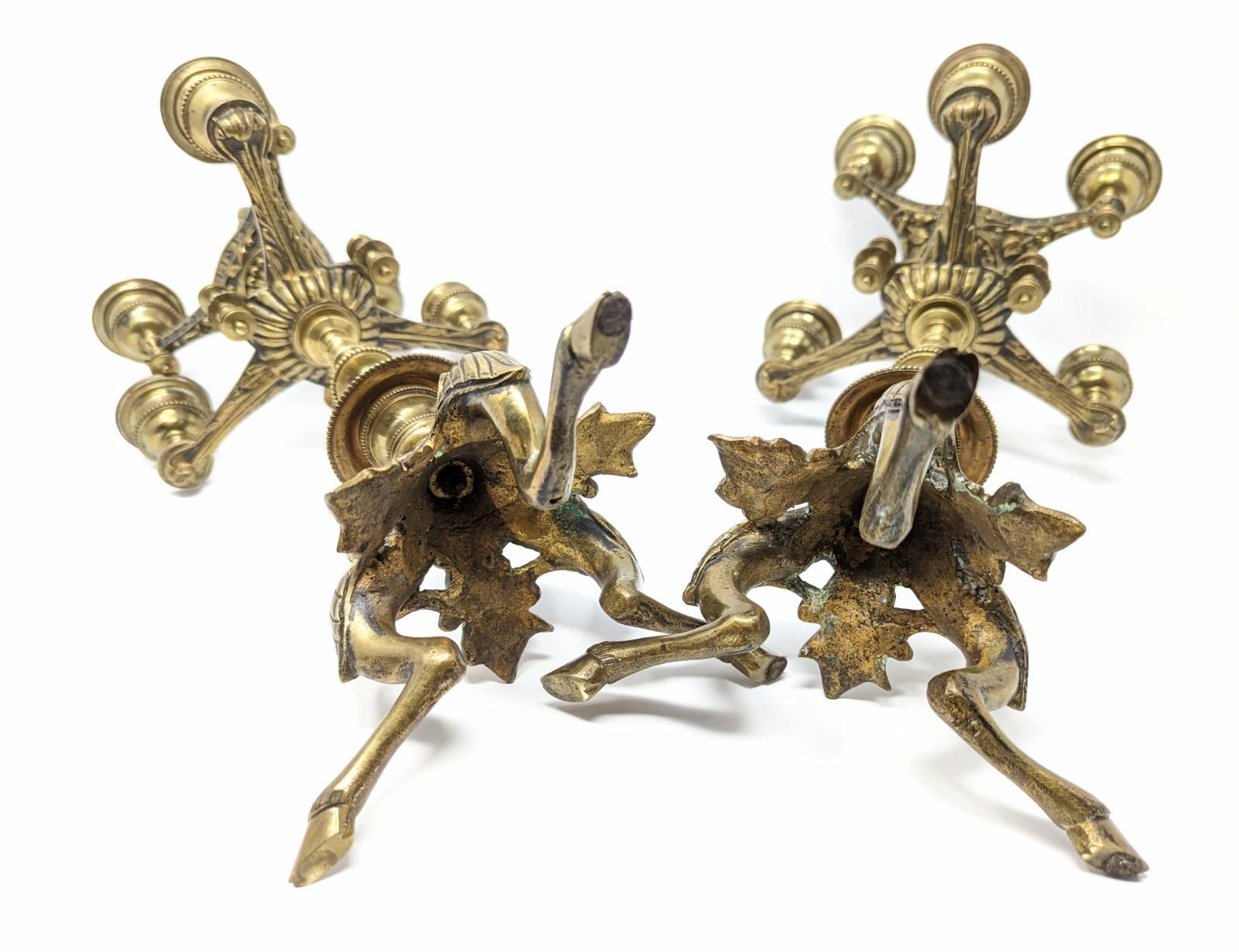 Pair of Antique Candelabras, 19th Century European Brass Candlesticks Footed For Sale 4