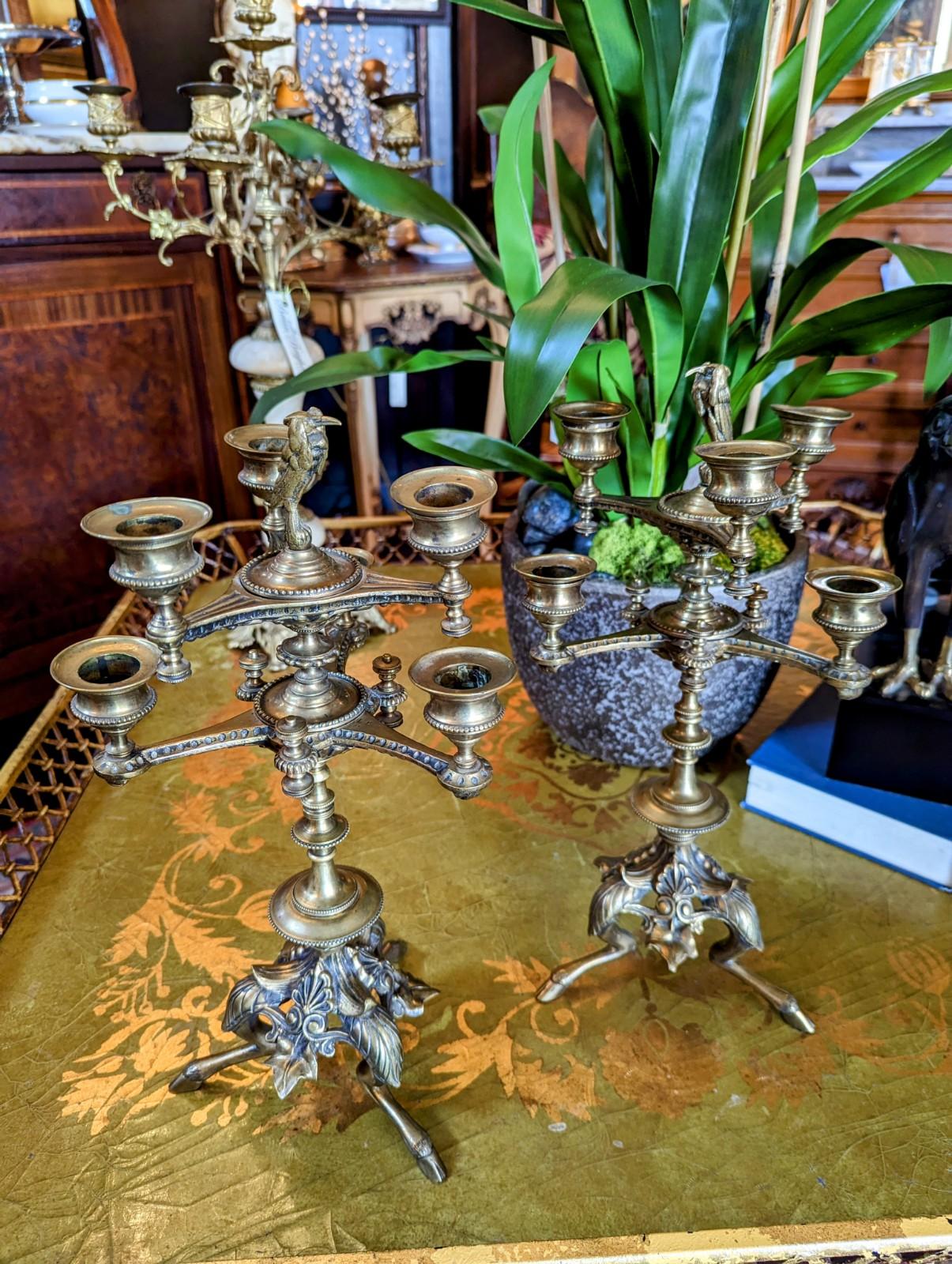 Pair of Antique Candelabras, 19th Century European Brass Candlesticks Footed For Sale 7