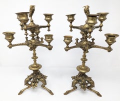 Pair of Antique Candelabras, 19th Century European Brass Candlesticks Footed