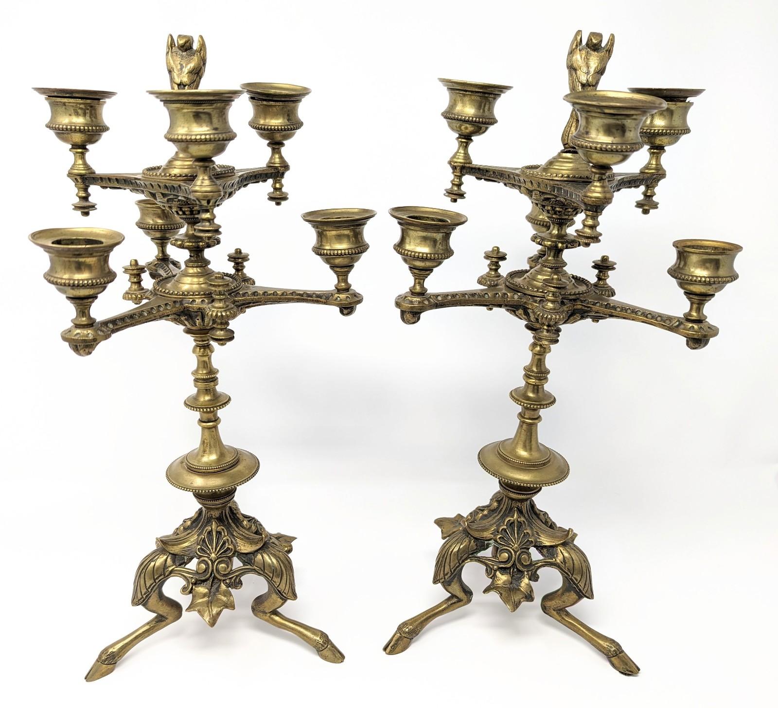 Neoclassical Revival Pair of Antique Candelabras, 19th Century European Brass Candlesticks Footed For Sale