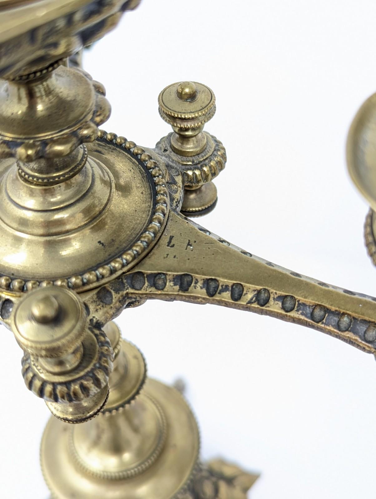 Pair of Antique Candelabras, 19th Century European Brass Candlesticks Footed In Fair Condition For Sale In Greer, SC
