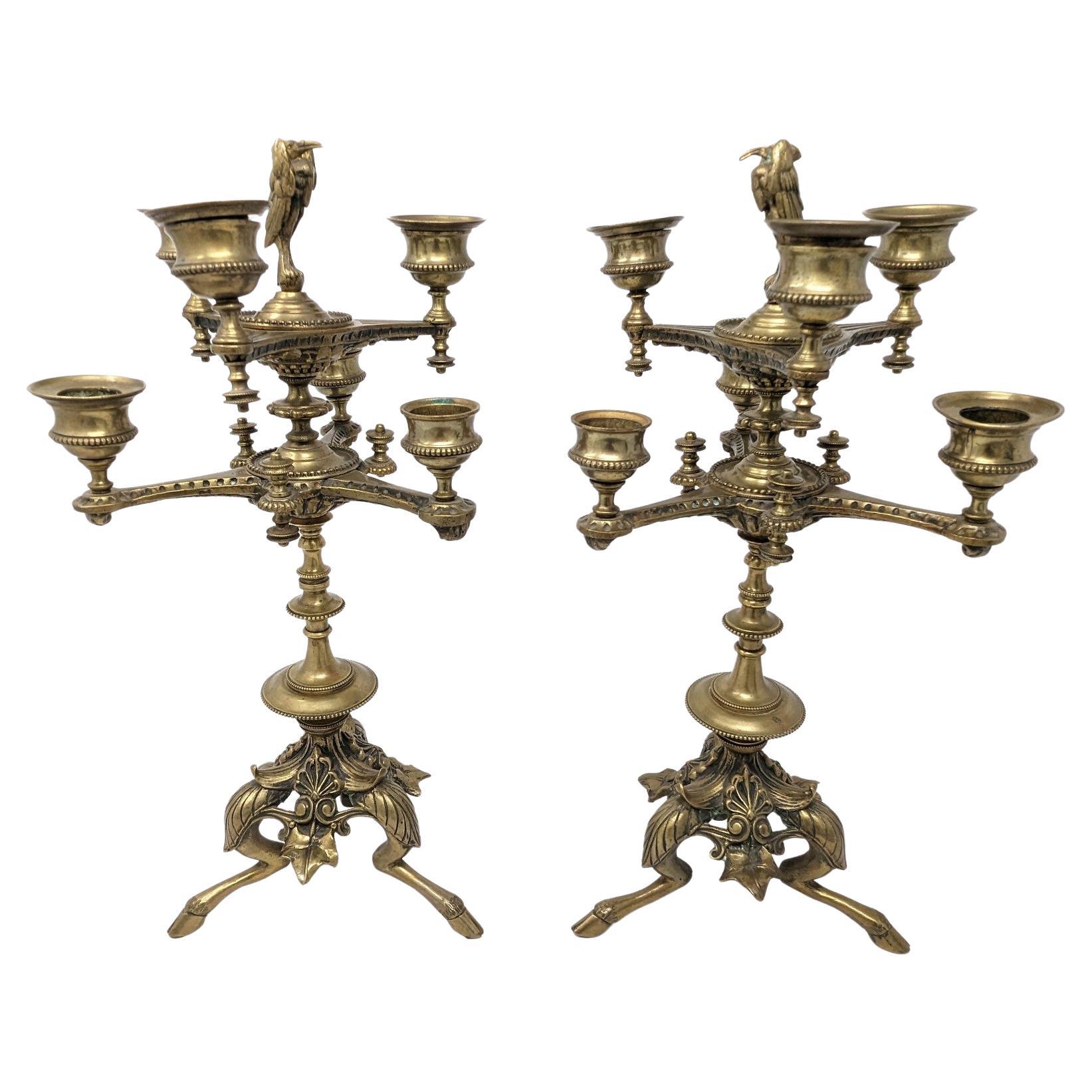 Pair of Antique Candelabras, 19th Century European Brass Candlesticks Footed