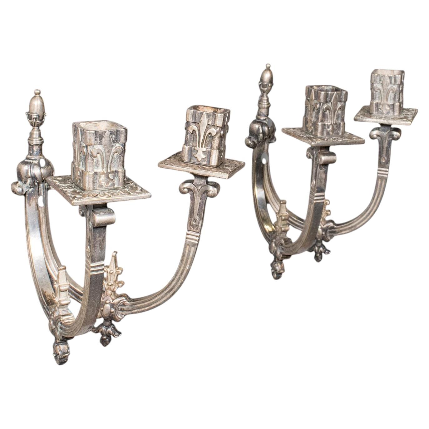 Pair of Antique Candle Sconces, French, Wall Lighting, Art Nouveau, Victorian