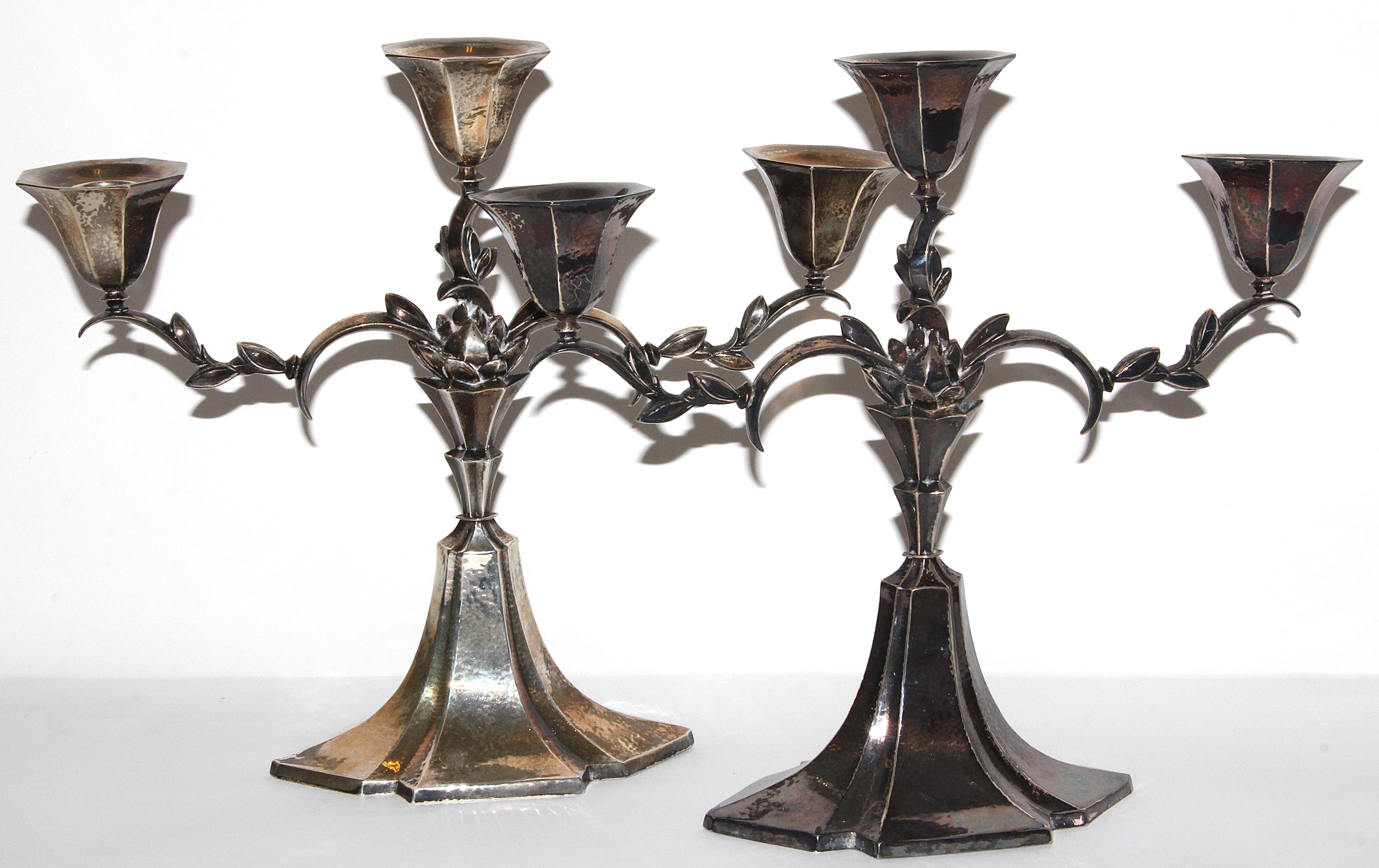 Pair of antique candlesticks, each with three arms, 925 sterling silver.