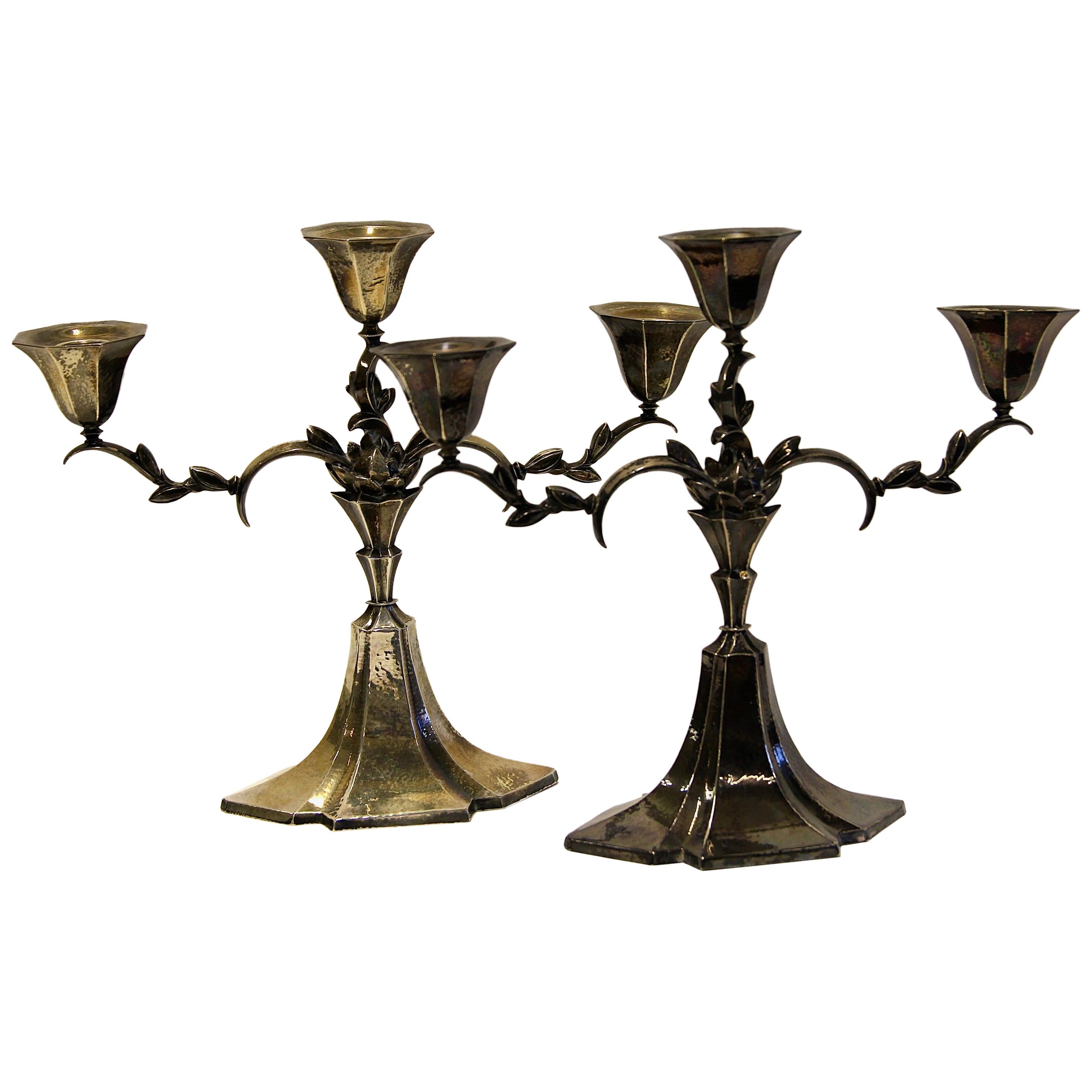 Pair of Antique Candlesticks, Each Three Arms, 925 Sterling Silver