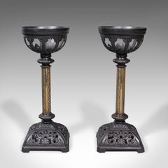Pair of Antique Candlesticks, English, Iron, Brass, Gothic Revival, Victorian