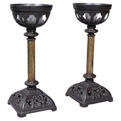 Pair of Antique Candlesticks, English, Iron, Brass, Gothic Revival, Victorian