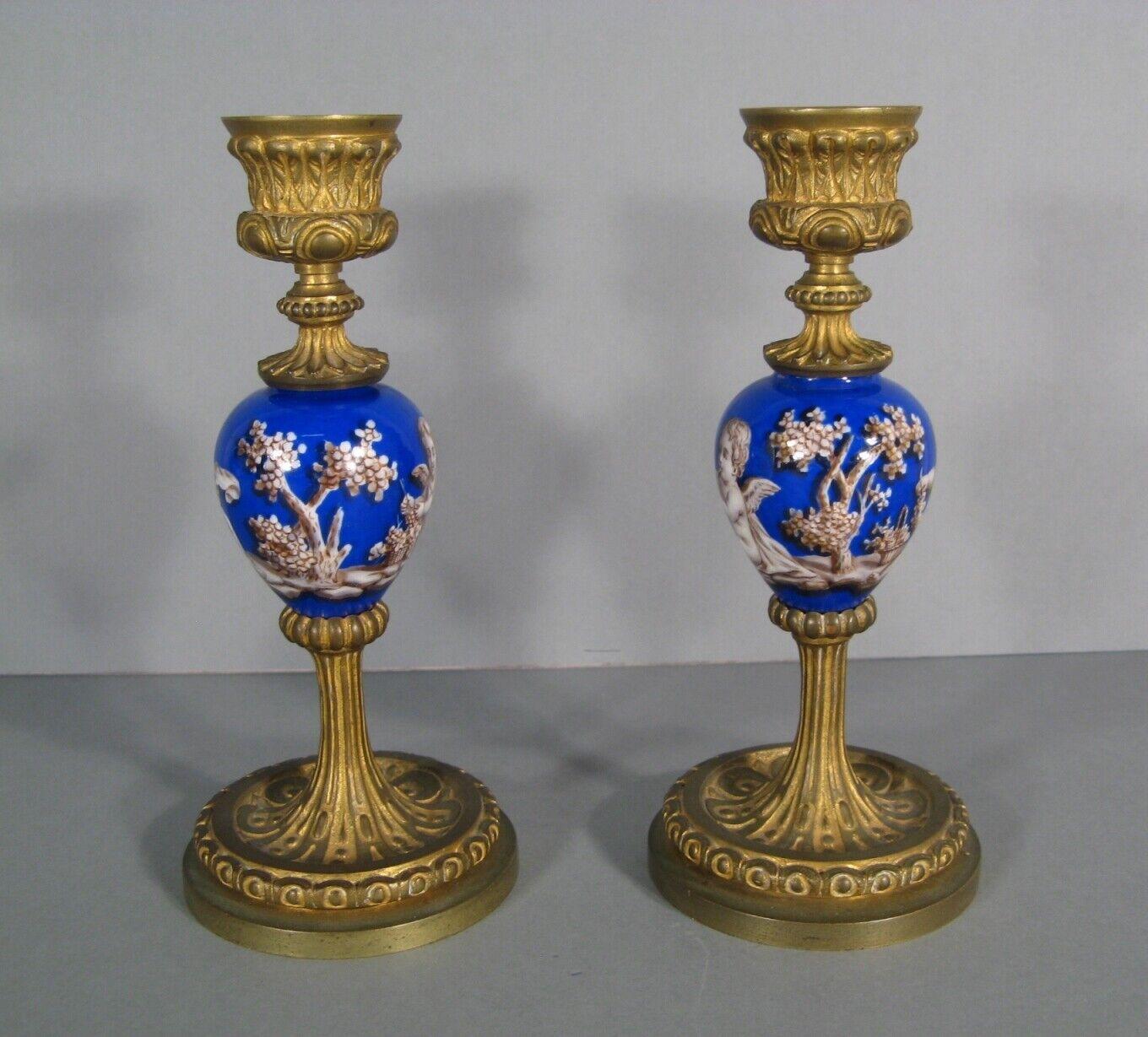 Empire Pair of Antique Candlesticks in Romantic Style with Putti Decor - 1Y161