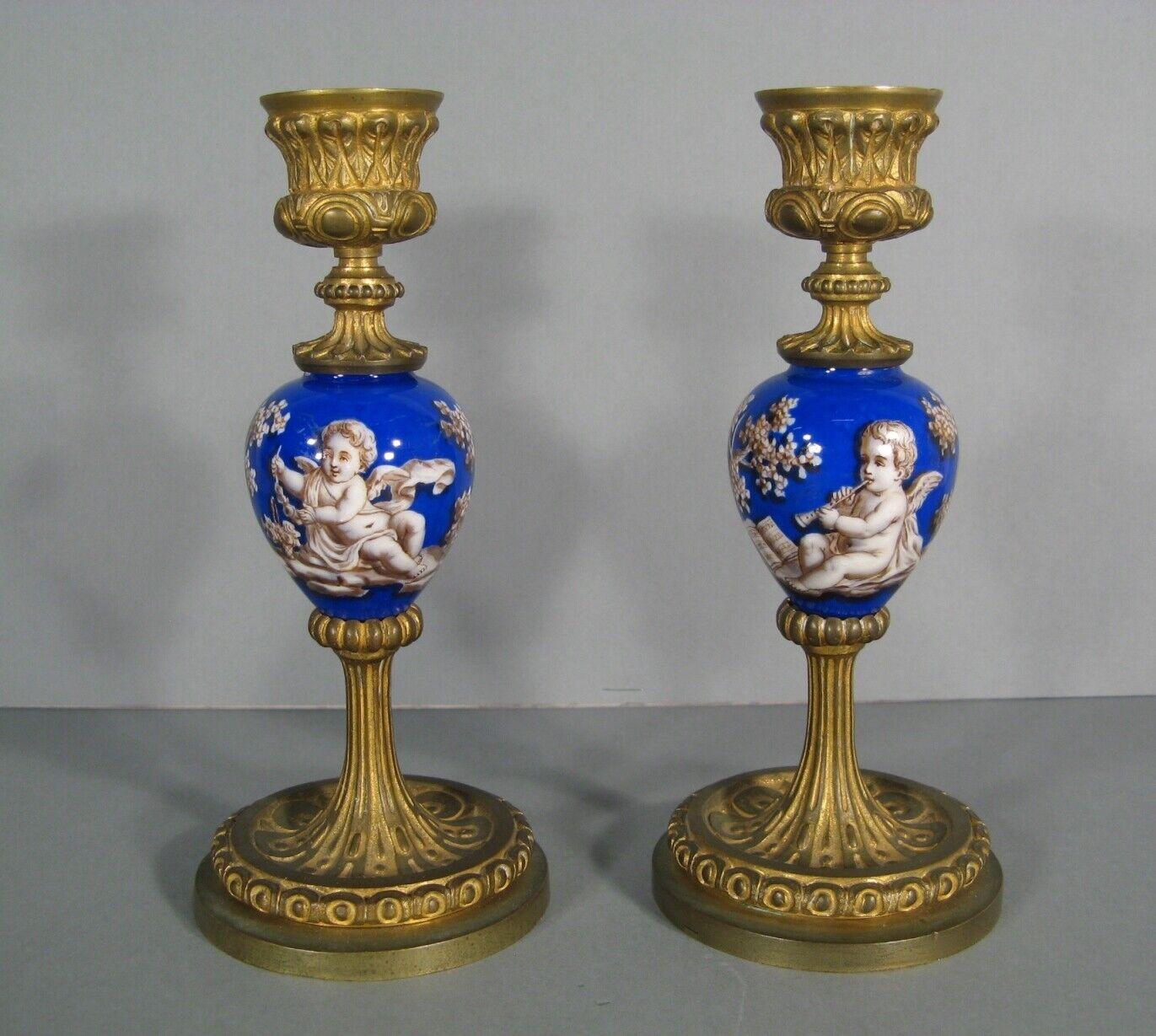 French Pair of Antique Candlesticks in Romantic Style with Putti Decor - 1Y161