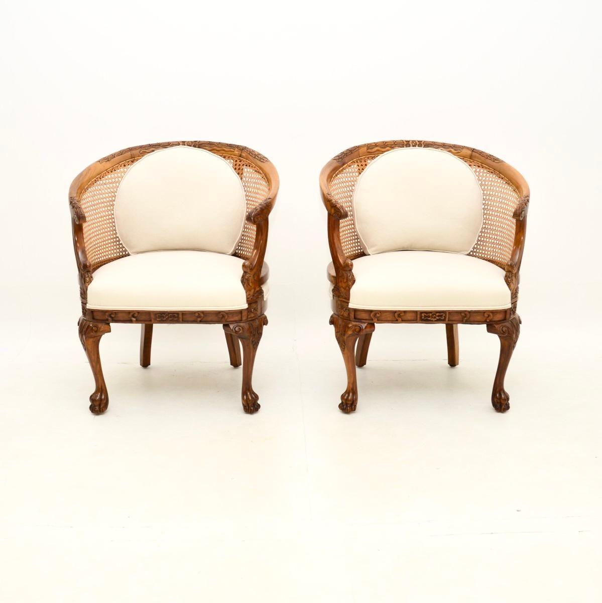 Queen Anne Pair of Antique Caned Walnut Bergère Armchairs