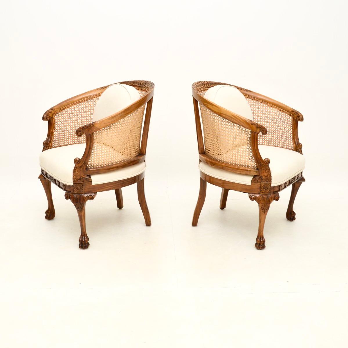 British Pair of Antique Caned Walnut Bergère Armchairs
