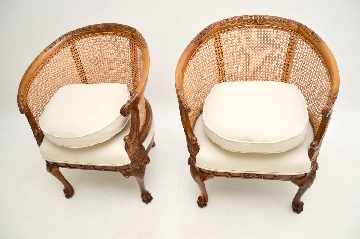 Early 20th Century Pair of Antique Caned Walnut Bergère Armchairs