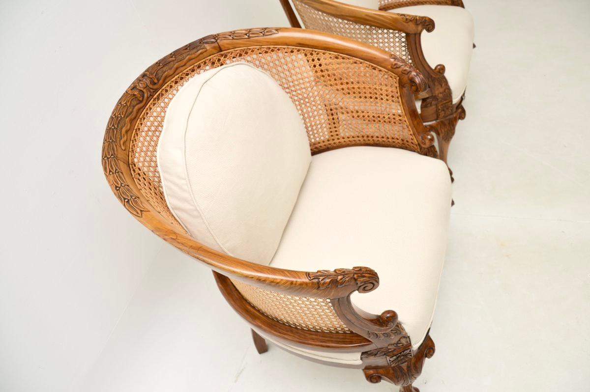 Fabric Pair of Antique Caned Walnut Bergère Armchairs