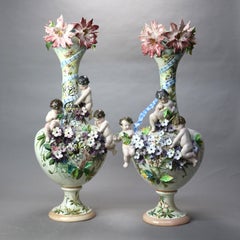 Pair of Antique Capodimonte Figural Cherub & Floral Pottery Floor Vases c1890