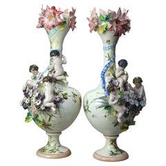 Pair of Antique Capodimonte Figural Cherub & Floral Pottery Floor Vases c1890