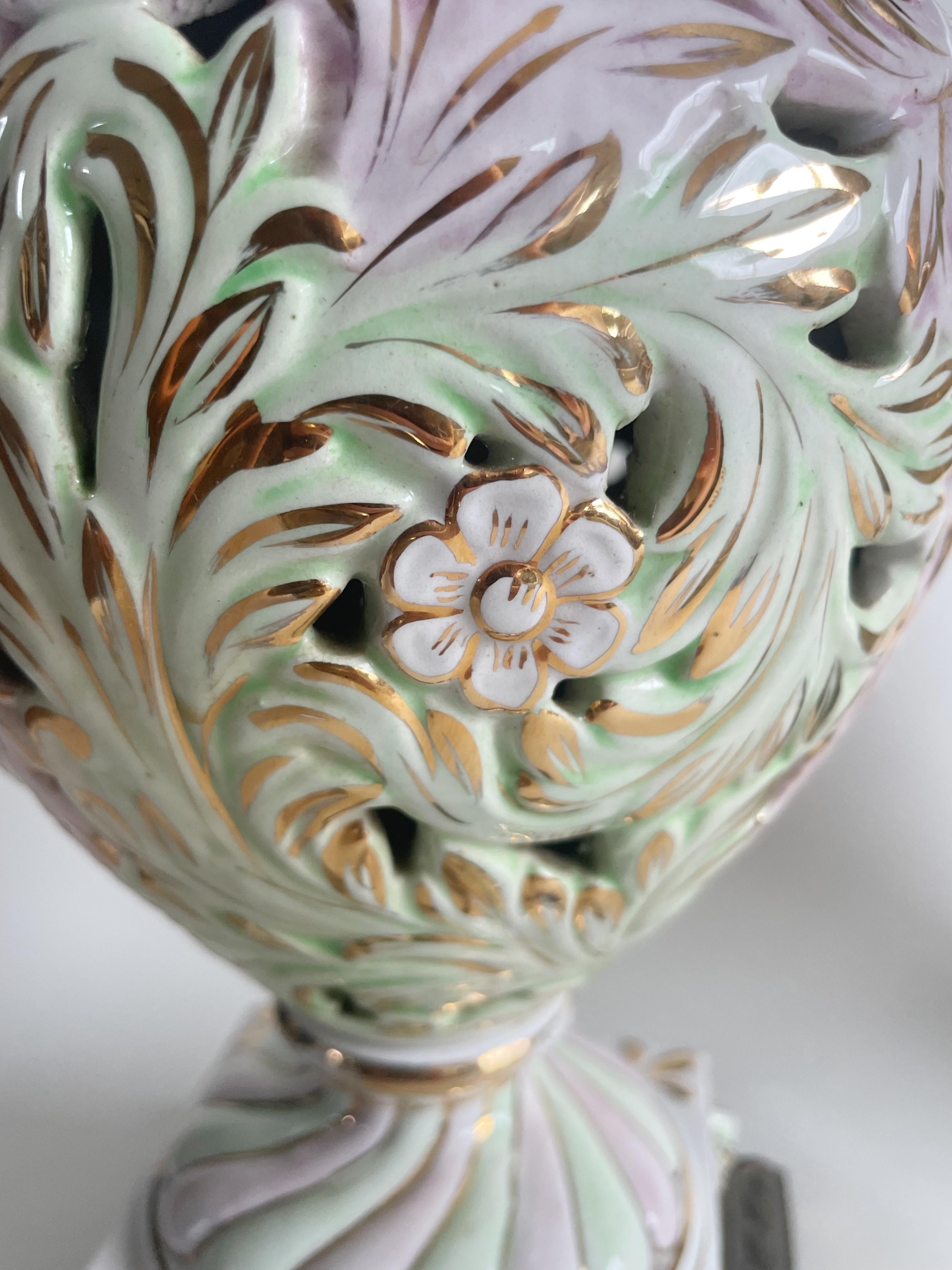 Pair Of Antique Capodimonte Italy High Relief Porcelain & Brass Table Lamps In Fair Condition For Sale In Fall River, MA