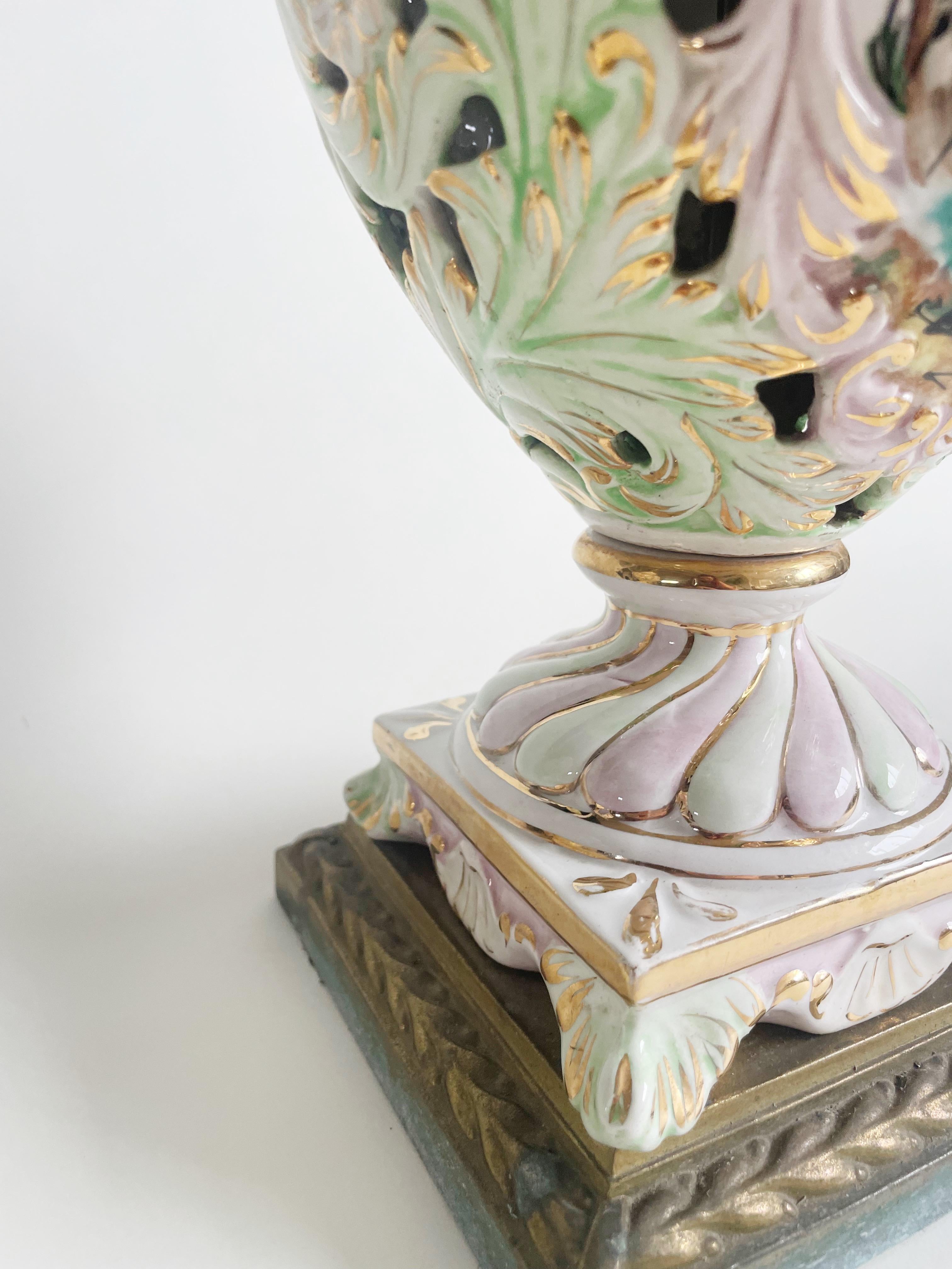 20th Century Pair Of Antique Capodimonte Italy High Relief Porcelain & Brass Table Lamps For Sale