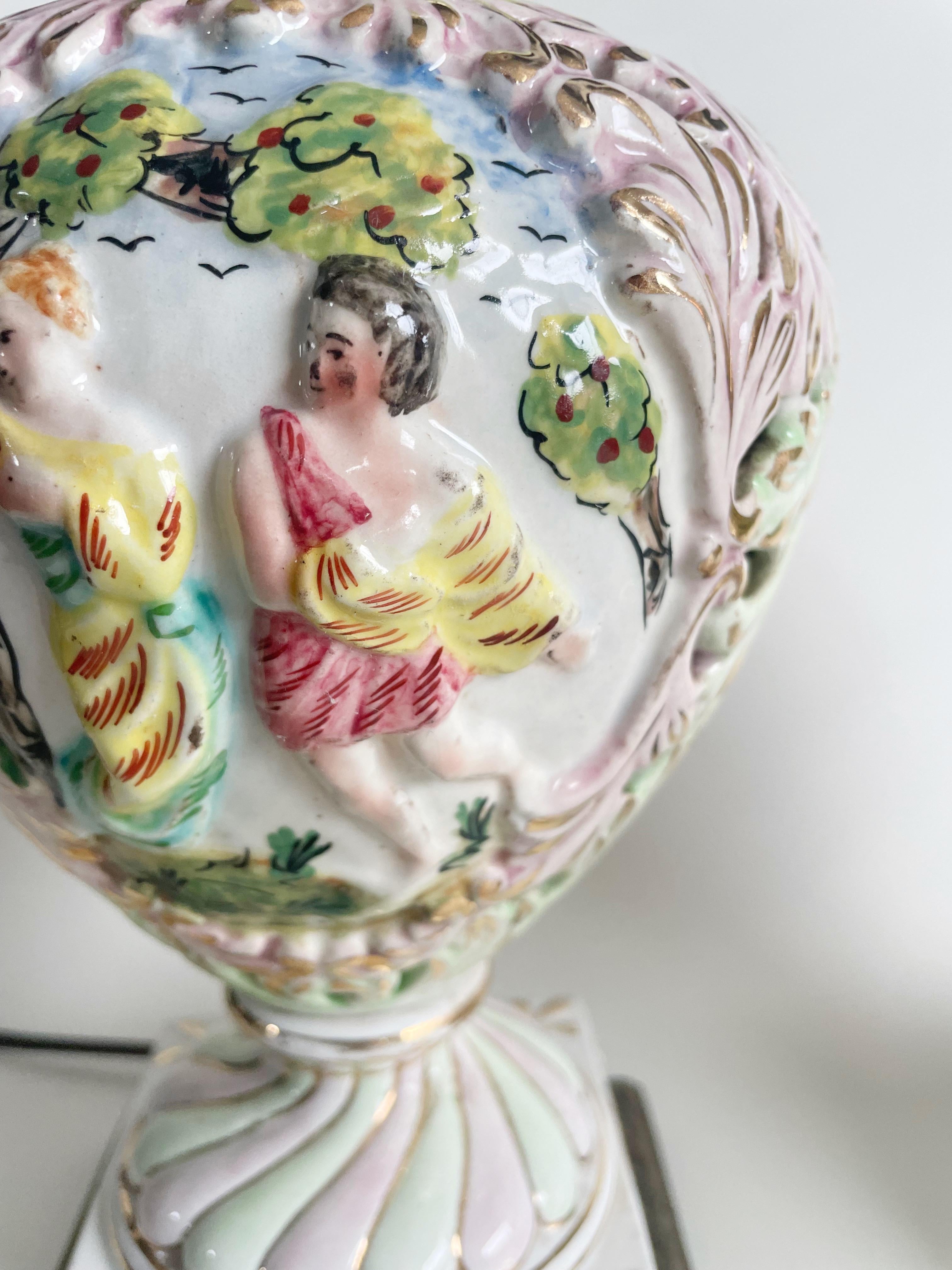 Pair Of Antique Capodimonte Italy High Relief Porcelain & Brass Table Lamps For Sale 1