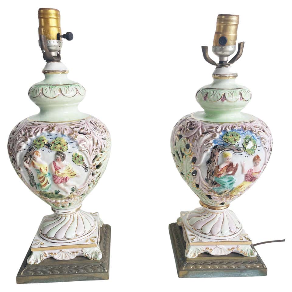 50'S Pair Of Italian Porcelain Capodimonte Country Boy and Girl Lamps ...