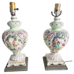 Pair Of Antique Capodimonte Italy High Relief Porcelain & Brass Table Lamps