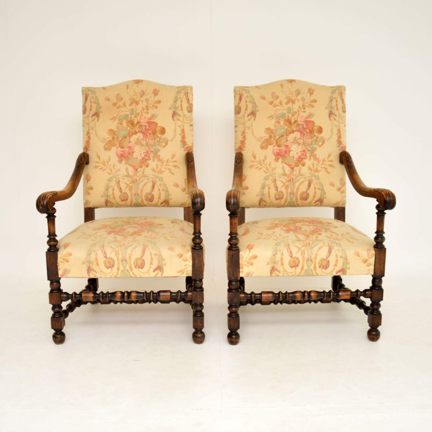 English Pair of Antique Carolean Style Carved Oak Armchairs