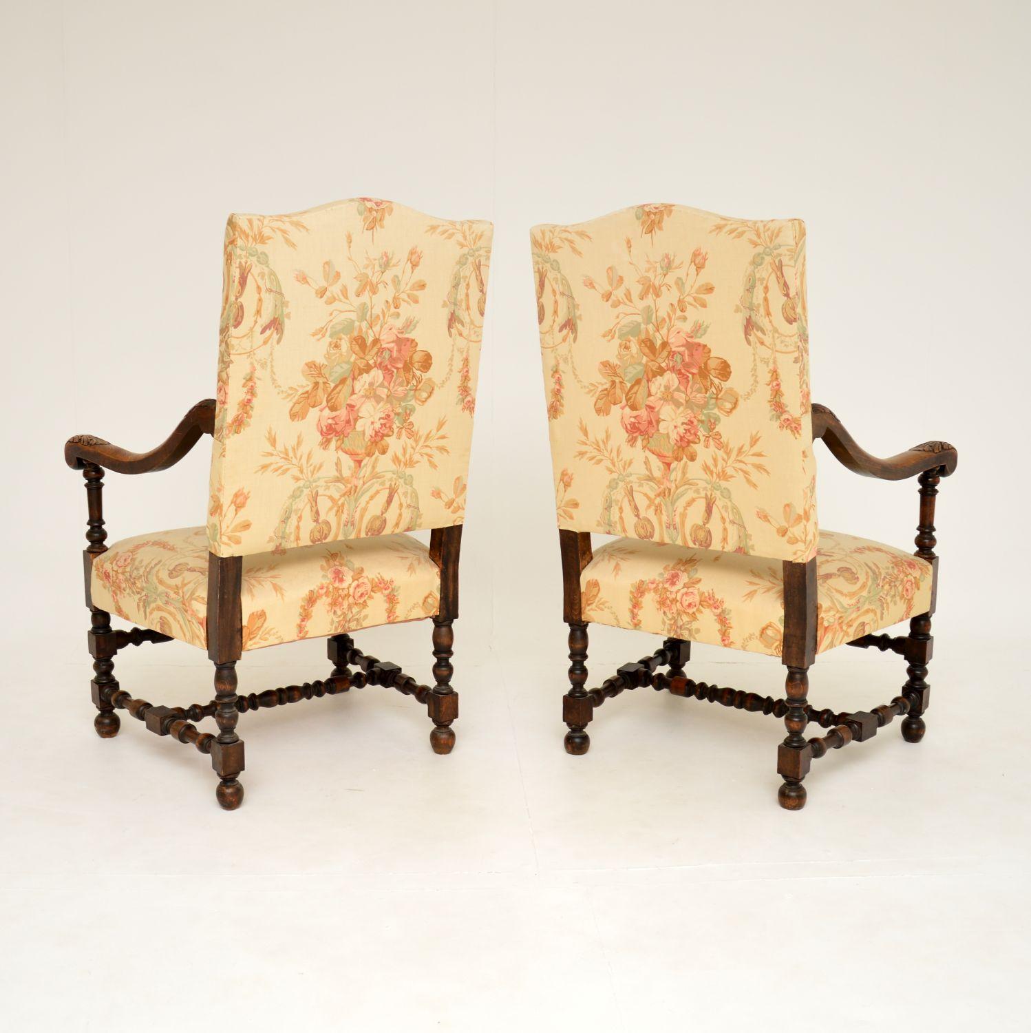 19th Century Pair of Antique Carolean Style Carved Oak Armchairs