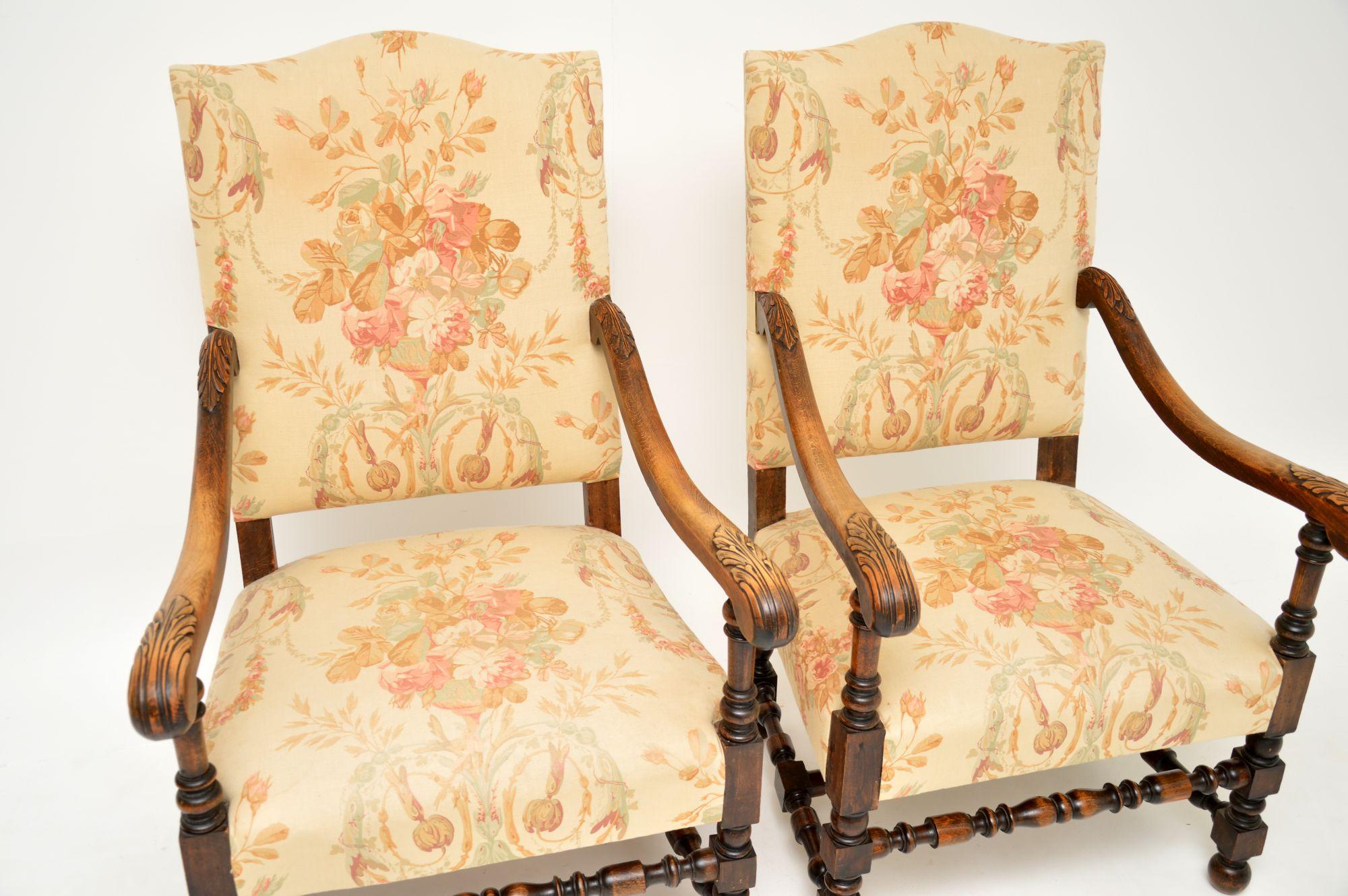 Pair of Antique Carolean Style Carved Oak Armchairs 1