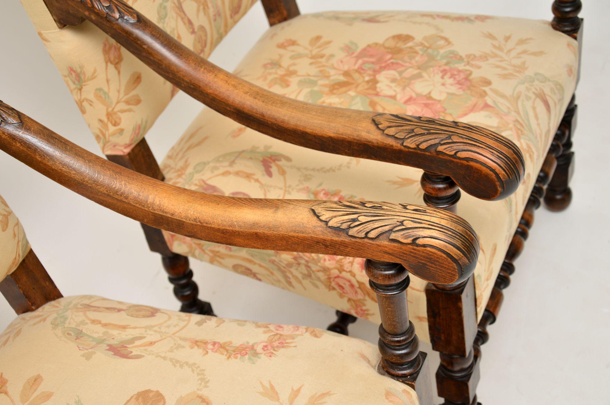 Pair of Antique Carolean Style Carved Oak Armchairs 3