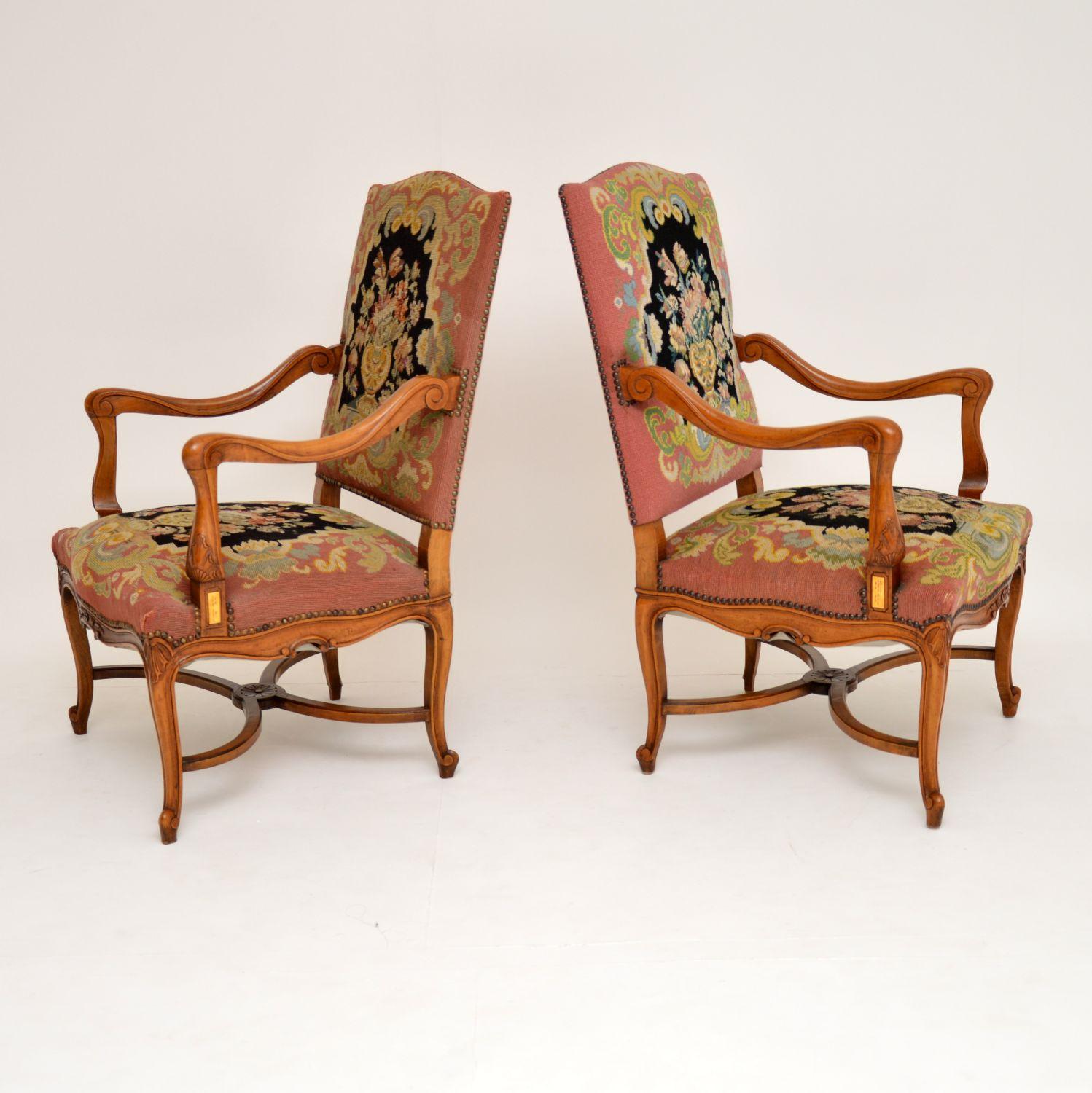 Louis XV Pair of Antique Carolean Style Needlepoint Armchairs