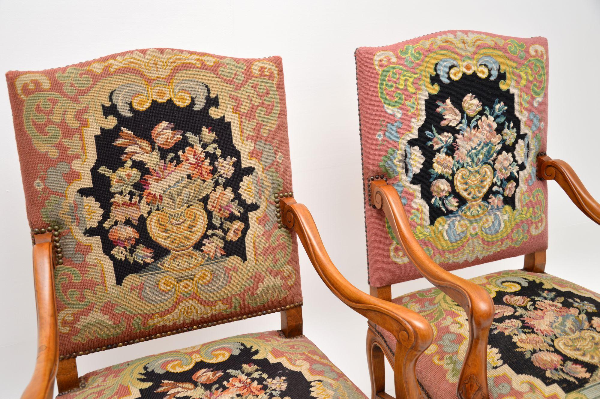 Swedish Pair of Antique Carolean Style Needlepoint Armchairs