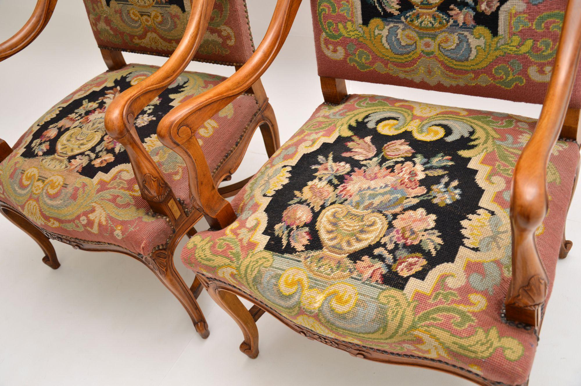 Early 20th Century Pair of Antique Carolean Style Needlepoint Armchairs