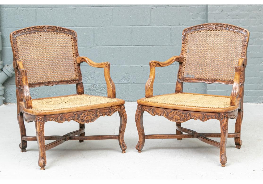 Pair Of Antique Carved And Caned  French Provincial Fauteuils  For Sale 6