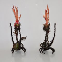 Pair of Antique Carved Black Iron Crustacean Sculptures with Coral, 19th Century