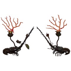 Pair of Antique Carved Black Iron Crustacean Sculptures with Coral, 19th Century