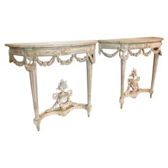 Pair of Antique Carved Chalky Paint Louis Xvi Marble Top Console Tables