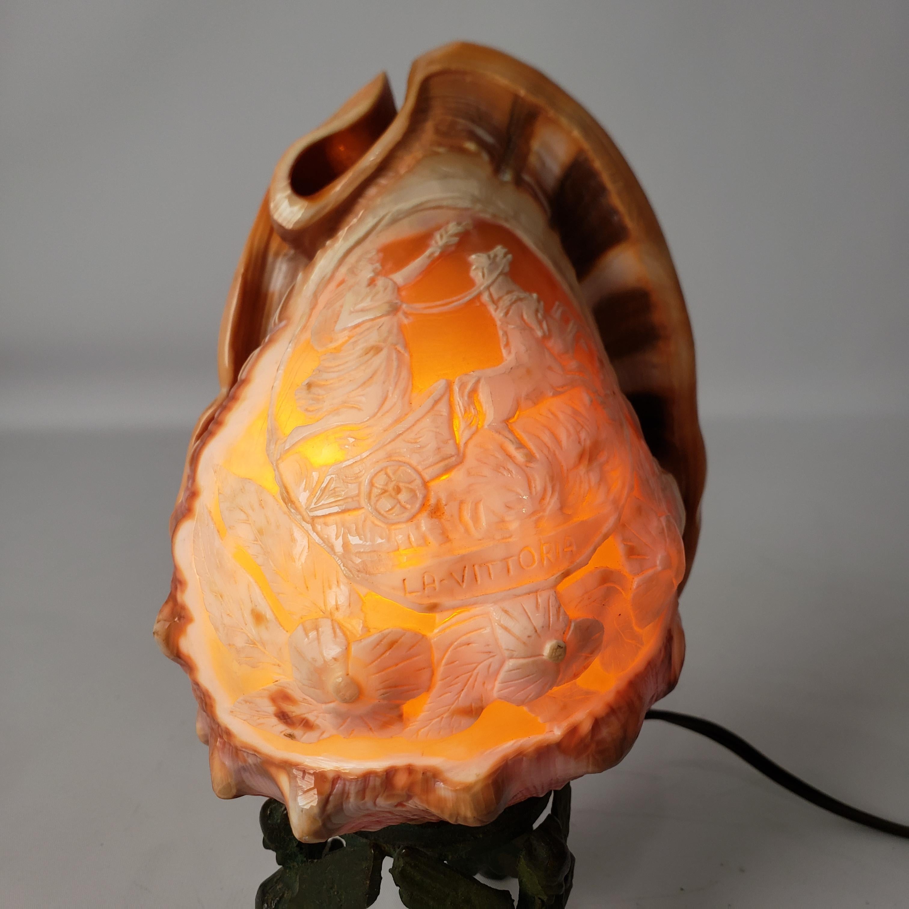 Cold-Painted Pair of Antique Carved Conch Shell Accent Table Lamps with Mythological Motif For Sale