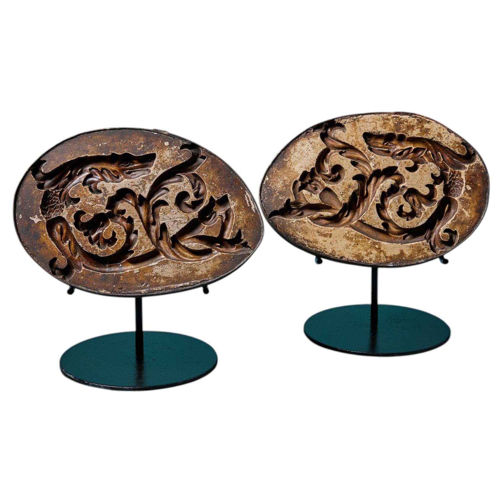 Pair Of Antique Carved Dragon Moulds Ex. Tucker Collection