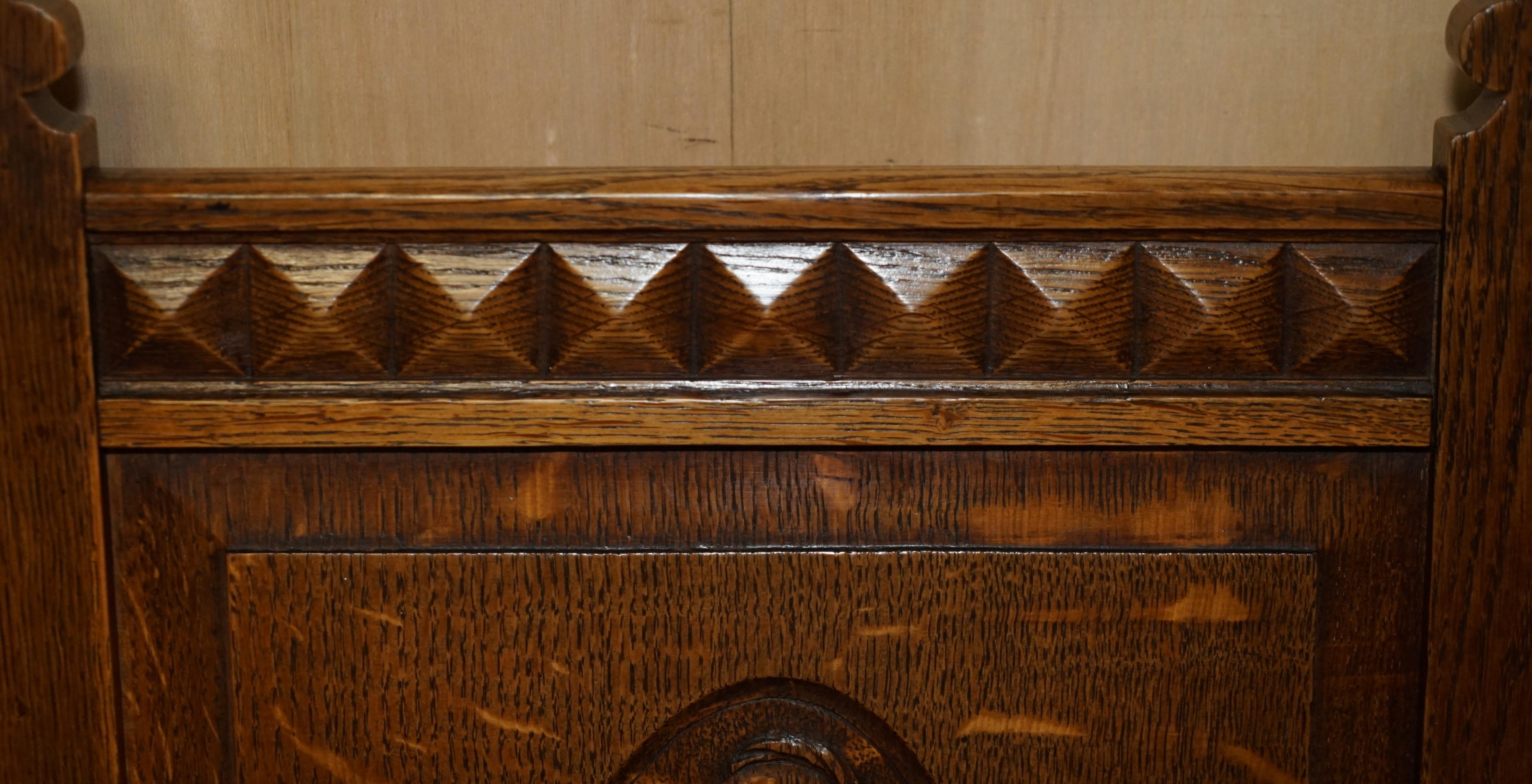 Pair of Antique Carved English Oak Armchairs with Armorial Crest Coat of Arms For Sale 3