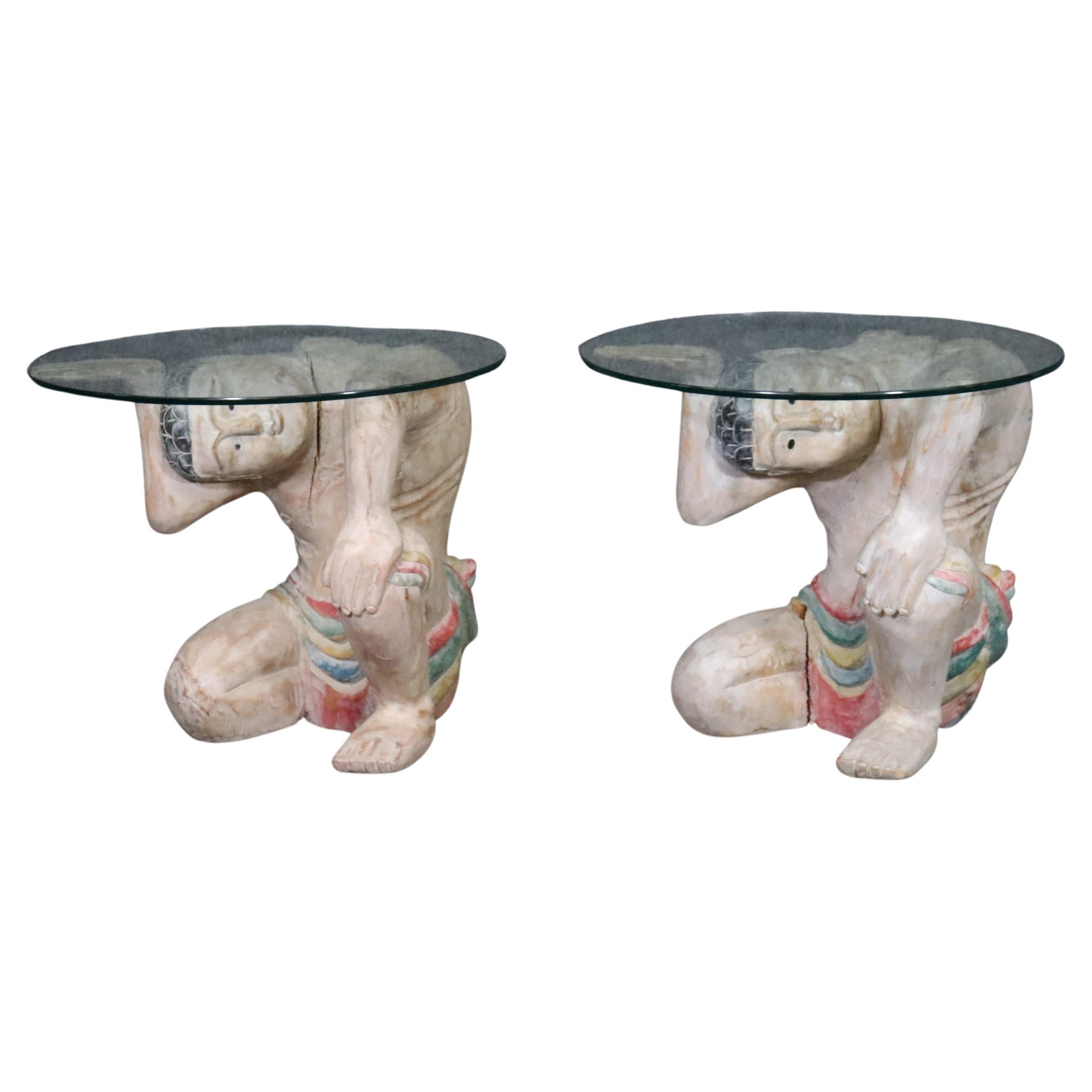 Pair of Antique Carved Figural Glass Top End Tables Side Tables For Sale