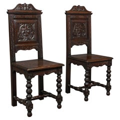 Pair of Antique Carved Hall Chairs, English Oak, Gothic Revival, Side, Victorian