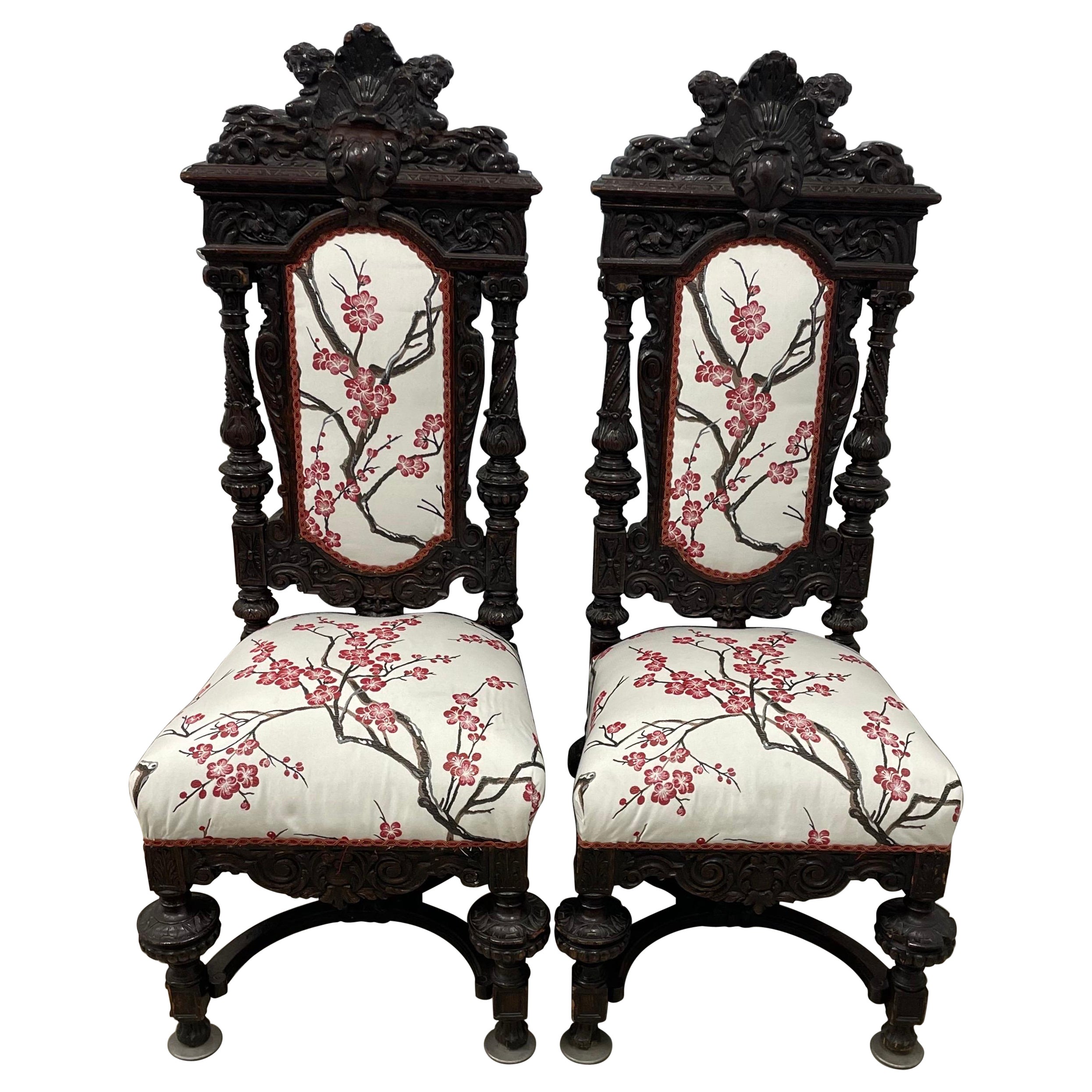 Paire de chaises d'appoint anciennes en bois dur sculpté, début du 20e siècle en vente