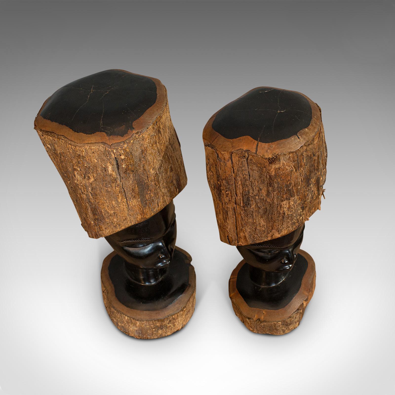 Hand-Carved Pair of Antique Carved Heads, African, Ebony, Decorative Statue, Victorian